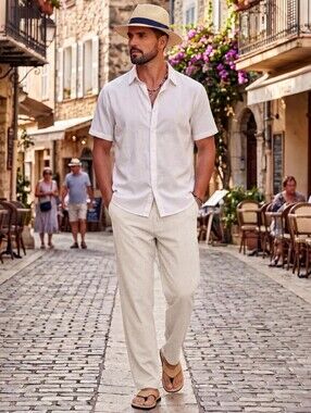 ISEEGZ Men's 2XL Beige Linen Blend Drawstring Pants Straight Leg NWT 38x30